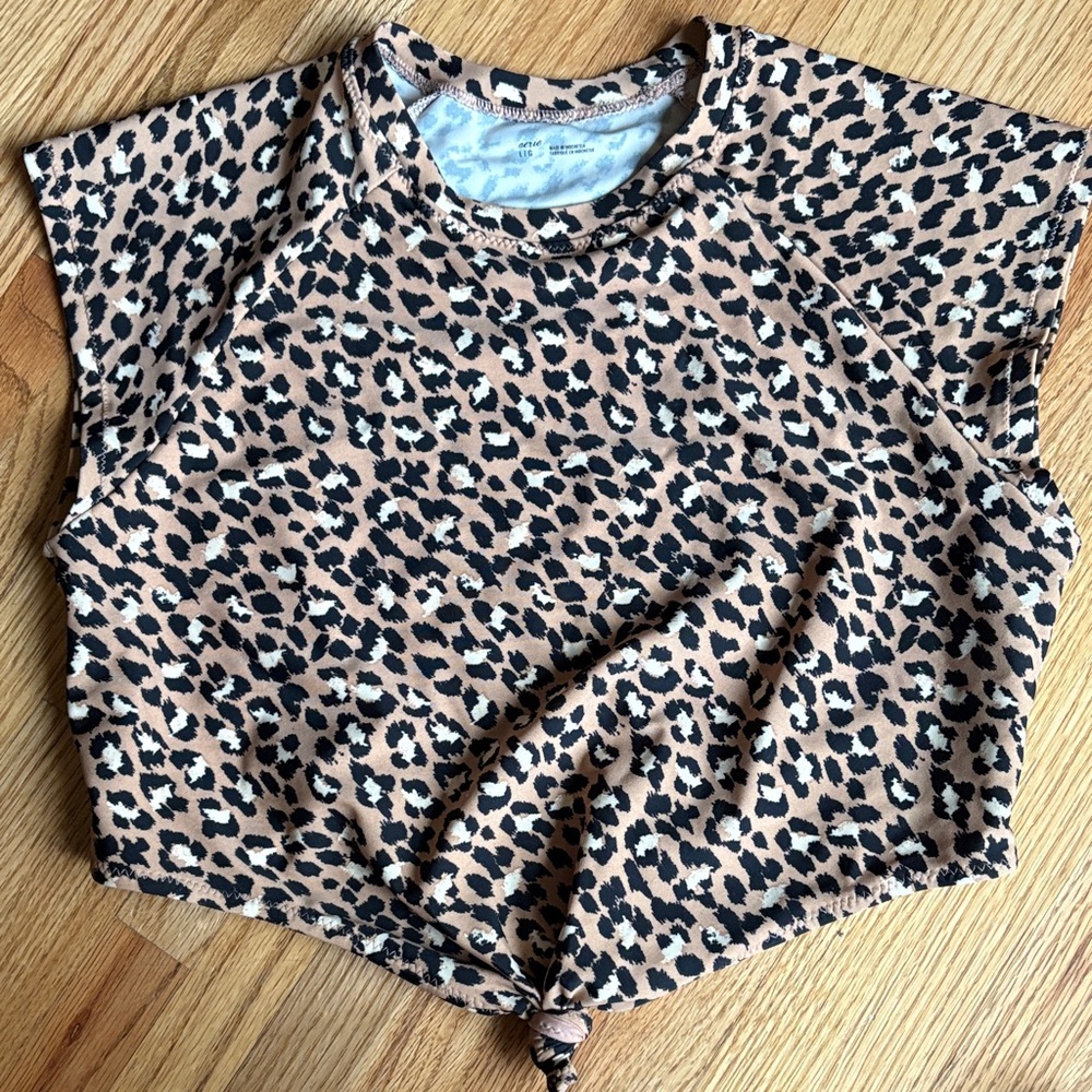 aerie large Leopard Print Tie-Front Swimsuit bikini Top - Tan & Black